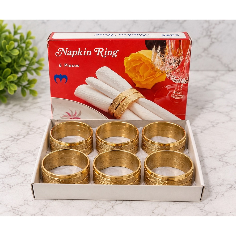 VTG MCM Brass Napkin Rings Set of 6 Etched Starburst Gold Tone Table Decor NIB